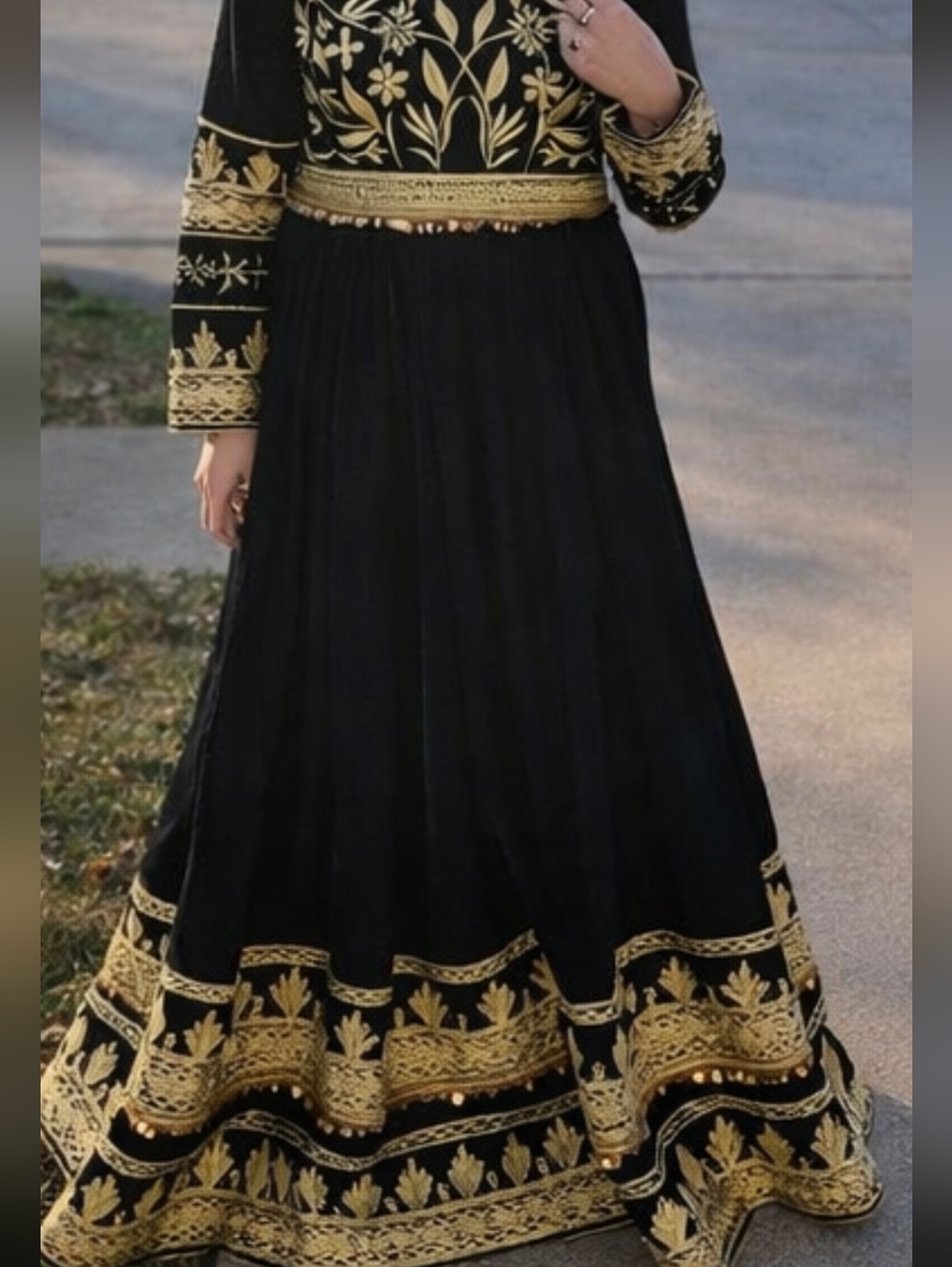 Elegant Dark Green and Gold Embroidered Afghan Dress By Designer Khanoomi
